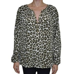 Michael Kors Long Sleeve Rivet Neck Leopard Top Tunic Blouse Duffle M Nwt